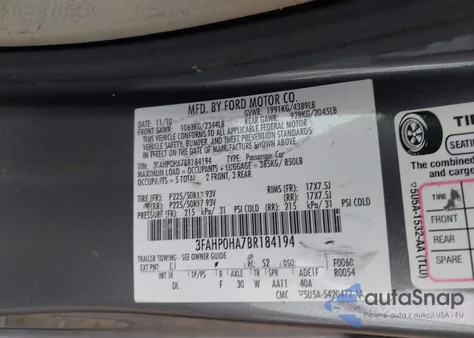 2011 Ford Fusion Se from USA, damaged, VIN 3FAHP0HA7BR184194